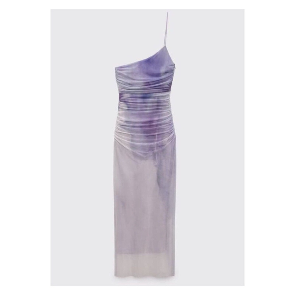 Zara Purple Printed One Shoulder Tulle Dress with Asymmetrical neckline
